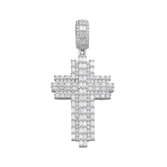 Sterling Silver 30mm Round Baguette Moissanite Cross Religious Pendant 2-3/4 Ctw