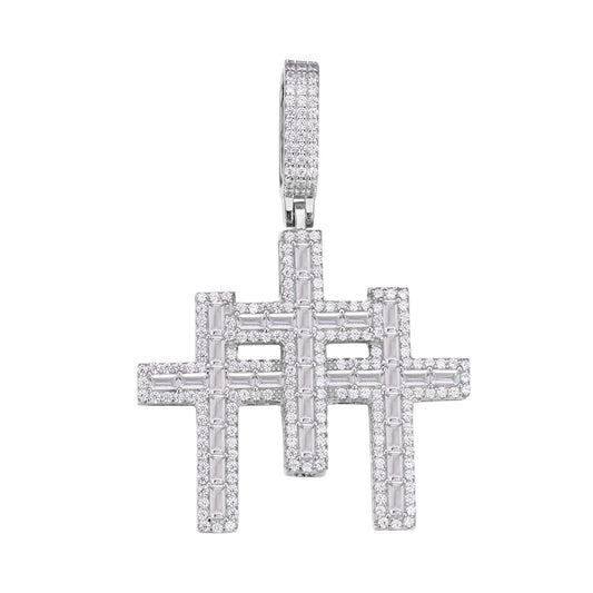 Sterling Silver 30mm Round Baguette Moissanite 3 Cross Religious Pendant 3-3/8 Ctw