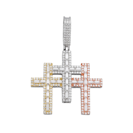 Sterling Silver 30mm Round Baguette Moissanite 3 Cross Religious Pendant 3-3/8 Ctw