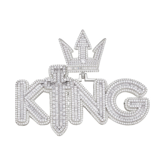 Sterling Silver Round Moissanite KING Word Designer Pendant 12 Ctw