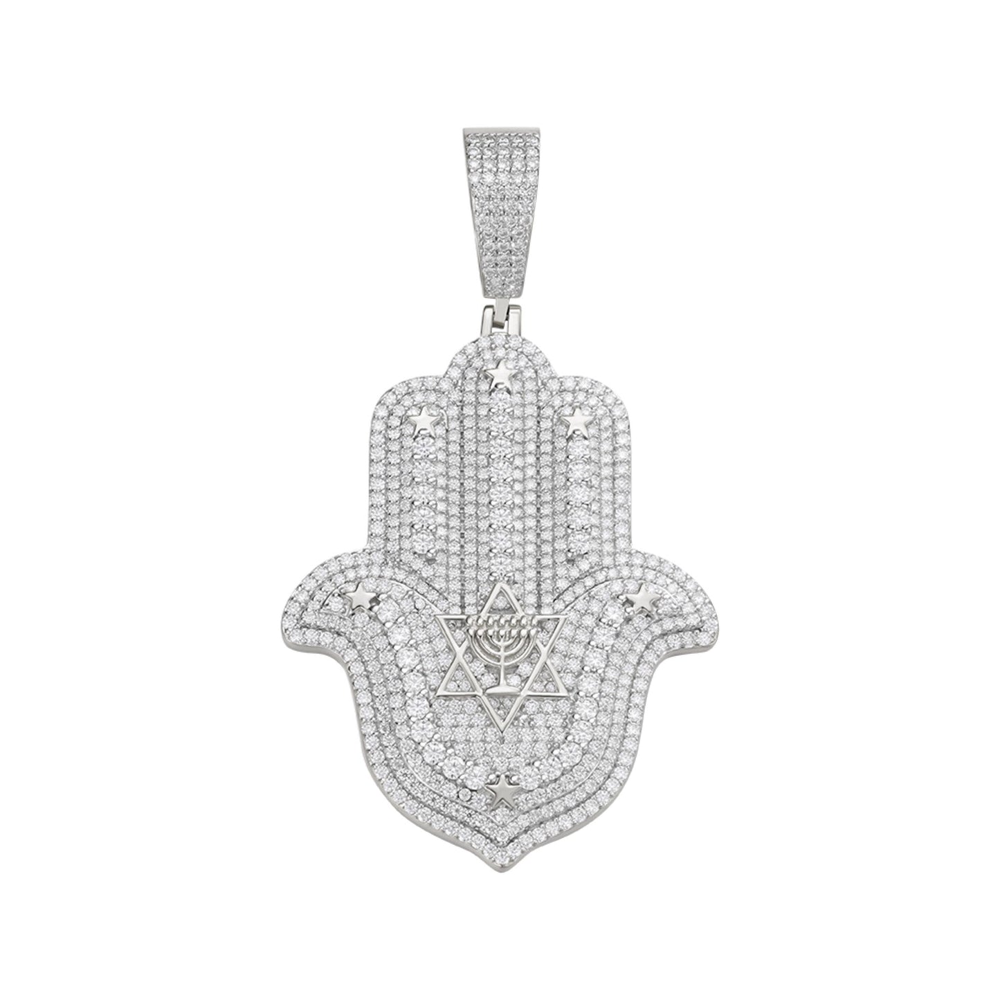 Sterling Silver Round Moissanite Hamza Hand Religious Pendant 4-5/8 Ctw