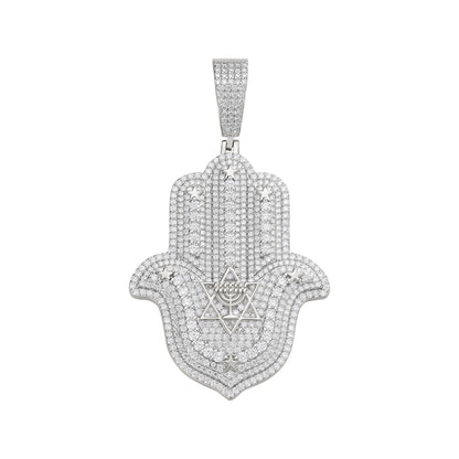 Sterling Silver Round Moissanite Hamza Hand Religious Pendant 4-5/8 Ctw