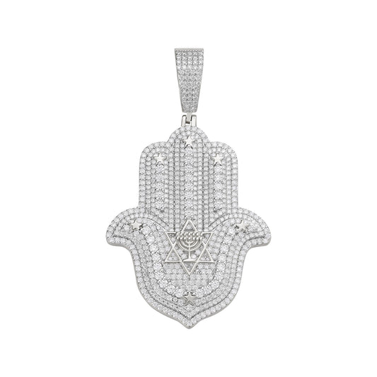 Sterling Silver Round Moissanite Hamza Hand Religious Pendant 4-5/8 Ctw