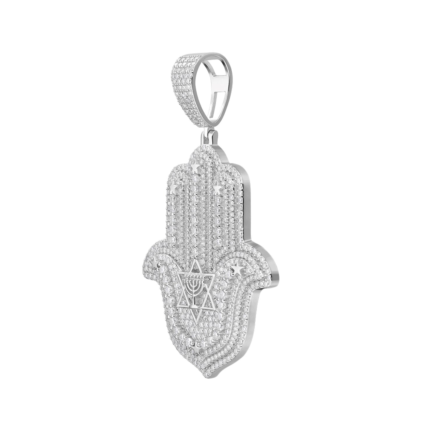 Sterling Silver Round Moissanite Hamza Hand Religious Pendant 4-5/8 Ctw