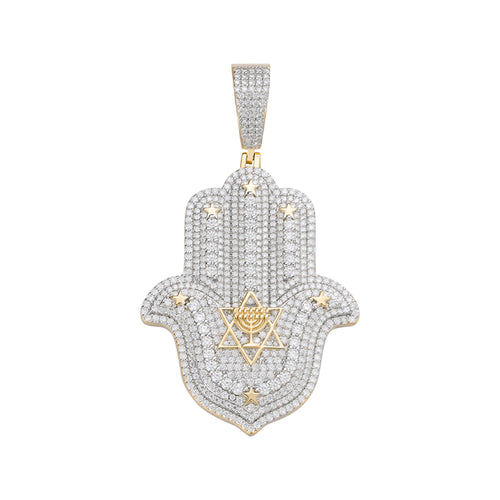 Sterling Silver Round Moissanite Hamza Hand Religious Pendant 4-5/8 Ctw