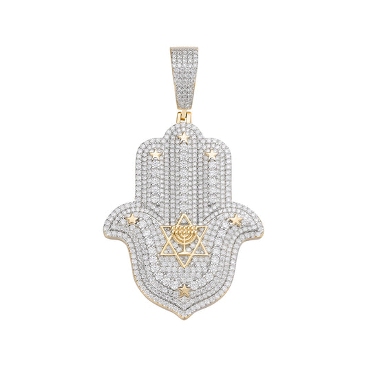 Sterling Silver Round Moissanite Hamza Hand Religious Pendant 4-5/8 Ctw