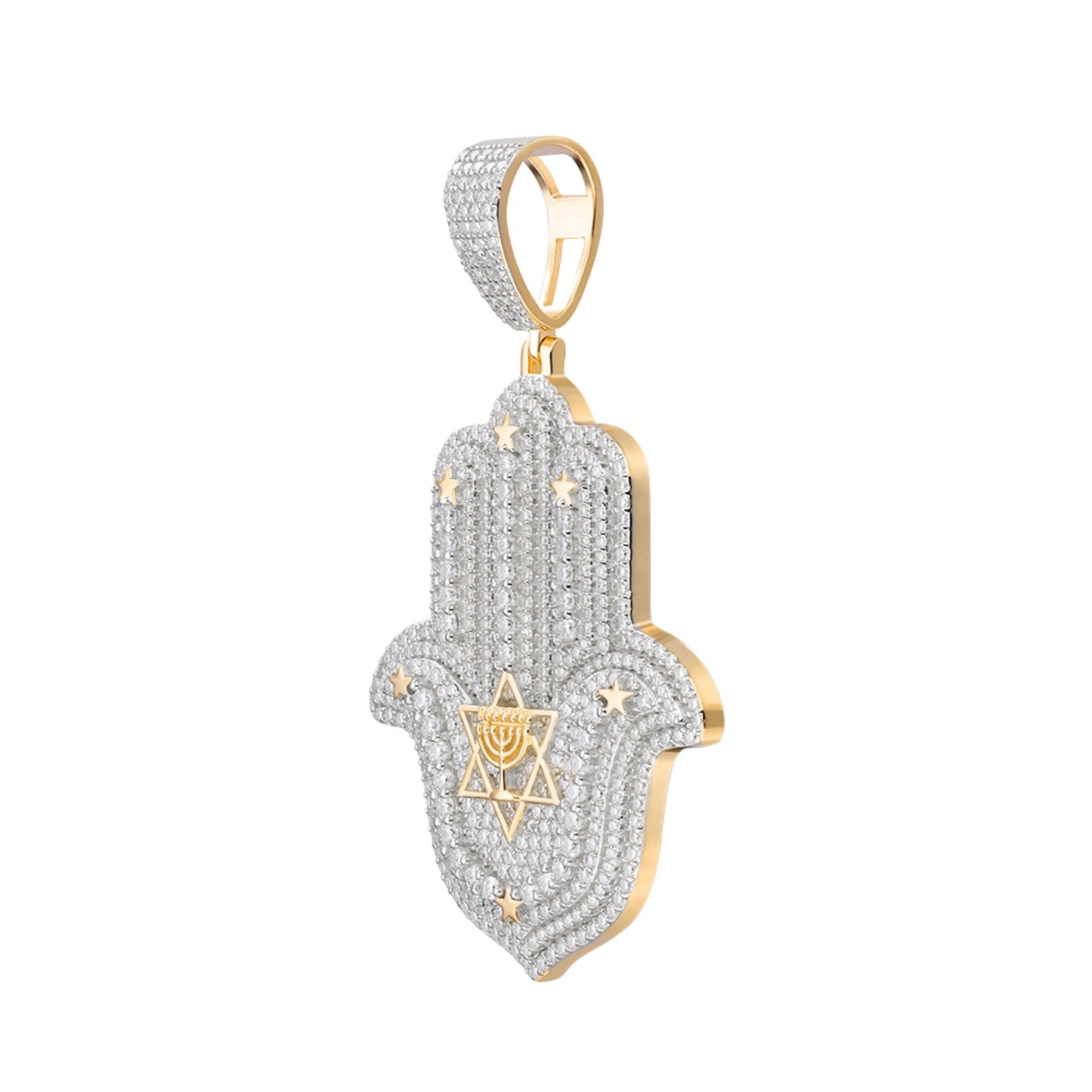 Sterling Silver Round Moissanite Hamza Hand Religious Pendant 4-5/8 Ctw