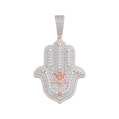 Sterling Silver Round Moissanite Hamza Hand Religious Pendant 4-5/8 Ctw