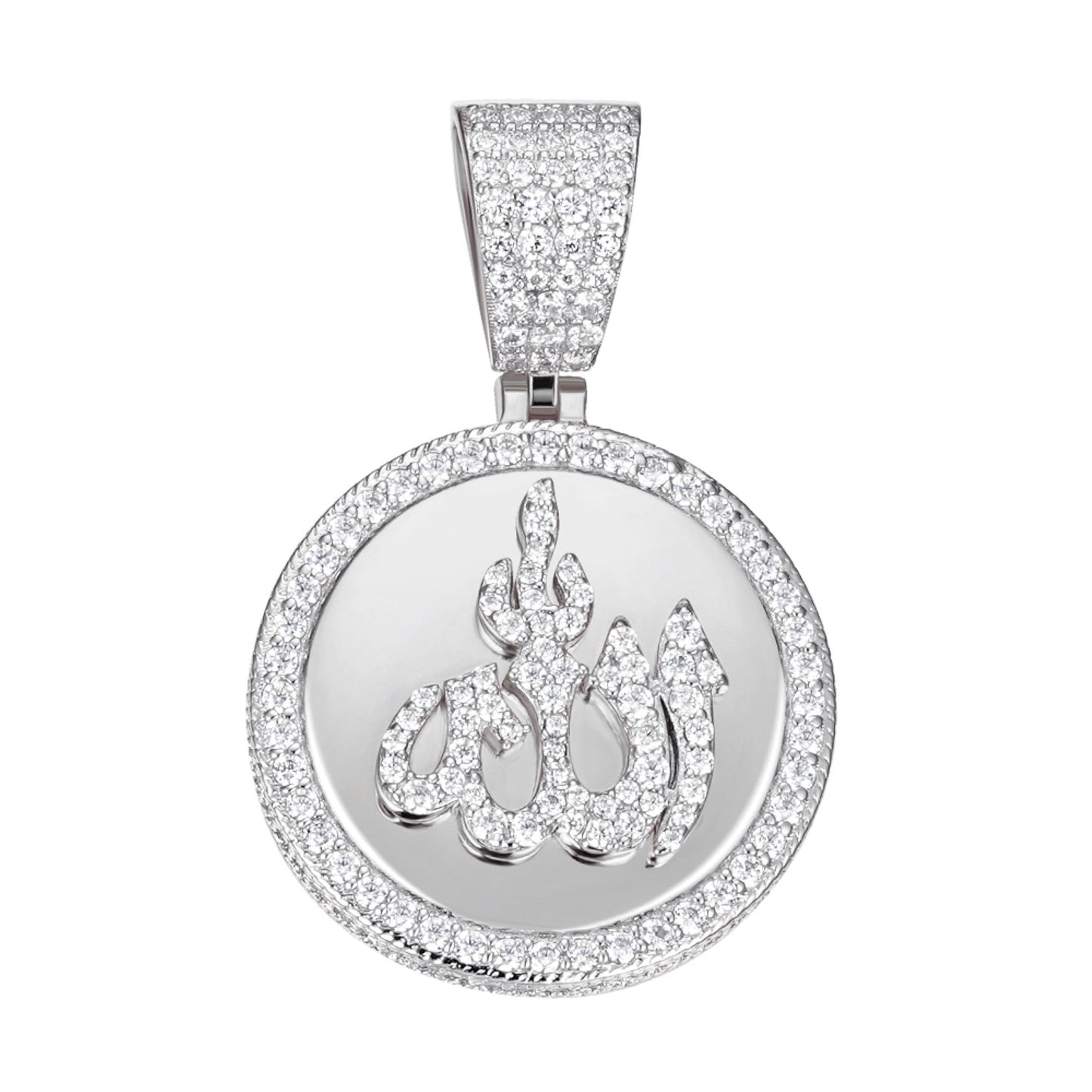 Sterling Silver 35mm Round Moissanite Muslim God Allah Religious Pendant 4-5/8 Ctw