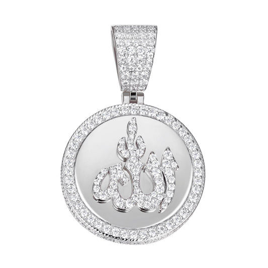 Sterling Silver 35mm Round Moissanite Muslim God Allah Religious Pendant 4-5/8 Ctw