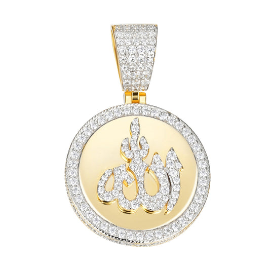 Sterling Silver 35mm Round Moissanite Muslim God Allah Religious Pendant 4-5/8 Ctw