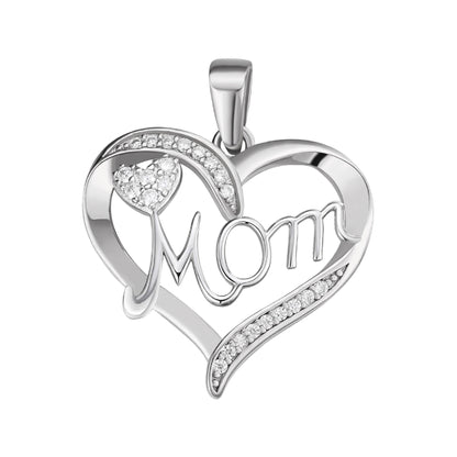 Sterling Silver Round Moissanite MOM Heart Designer Pendant 1/8 Ctw