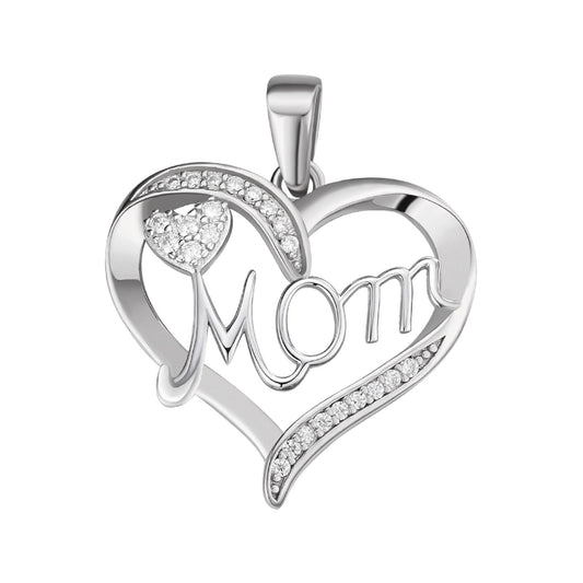 Sterling Silver Round Moissanite MOM Heart Designer Pendant 1/8 Ctw