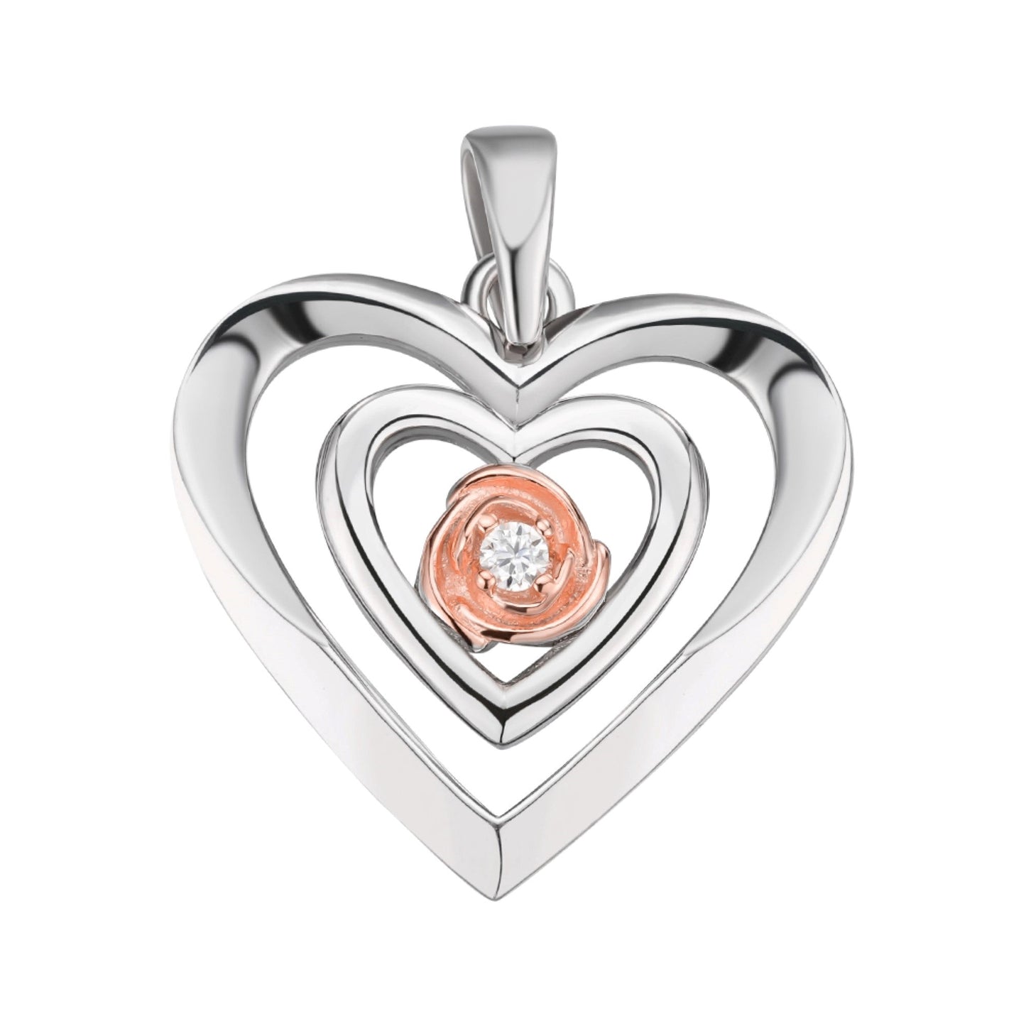 Sterling Silver Round Moissanite Solitaire Heart Designer Pendant 1/10 Ctw