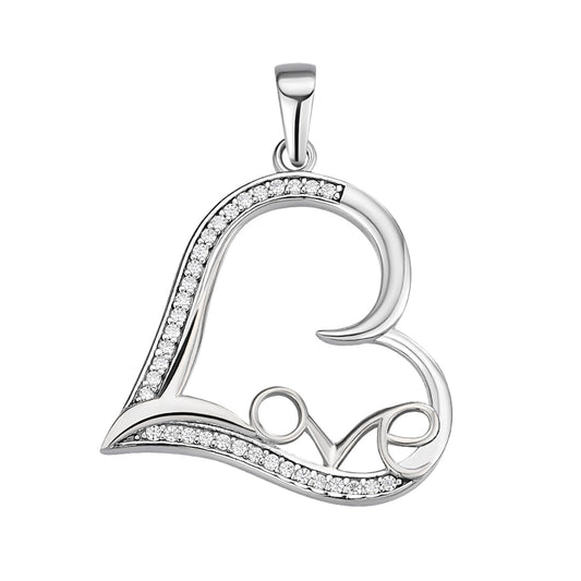 Sterling Silver Round Moissanite Heart With Love Word Designer Pendant 1/5 Ctw
