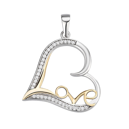 Sterling Silver Round Moissanite Heart With Love Word Designer Pendant 1/5 Ctw