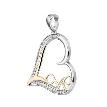 Sterling Silver Round Moissanite Heart With Love Word Designer Pendant 1/5 Ctw