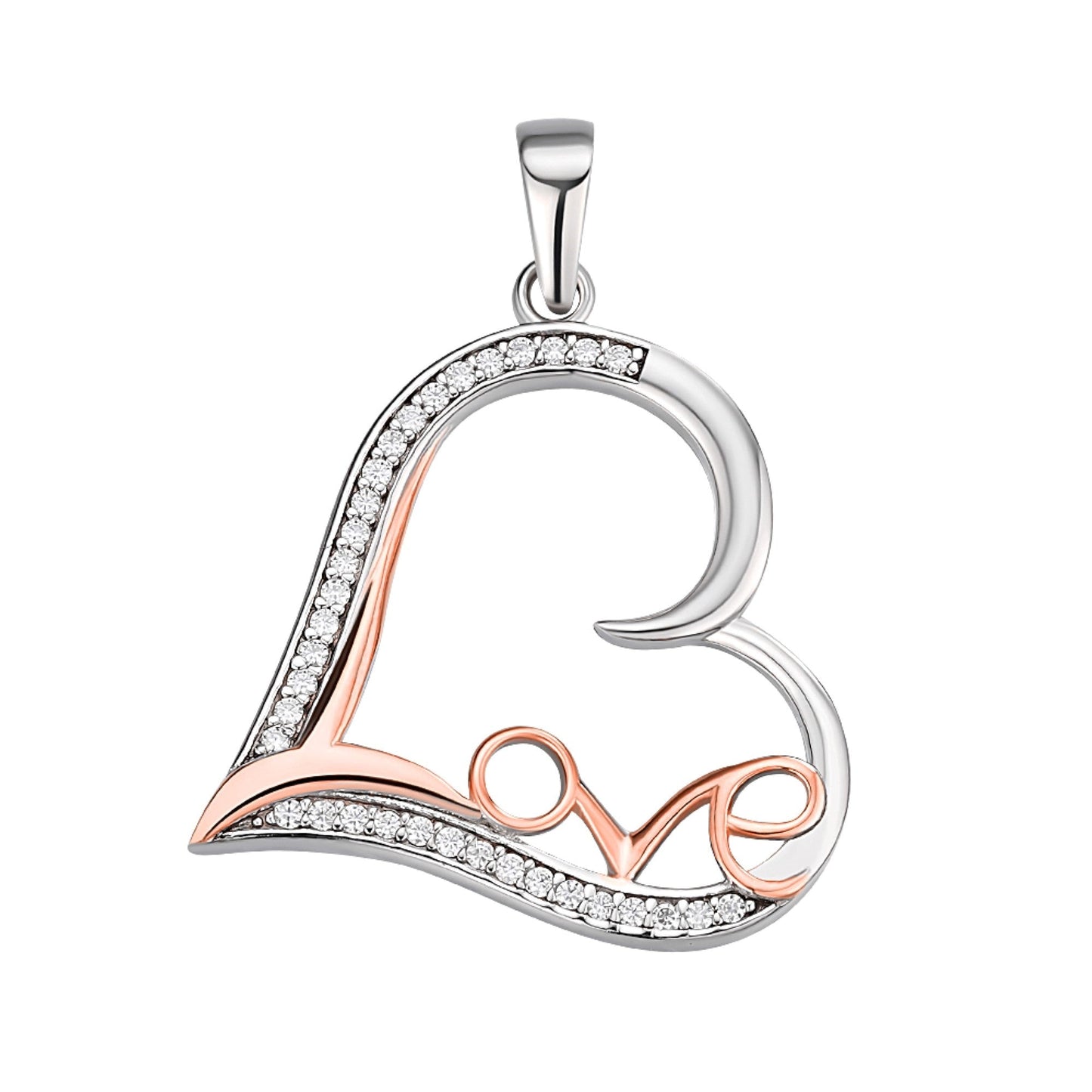 Sterling Silver Round Moissanite Heart With Love Word Designer Pendant 1/5 Ctw