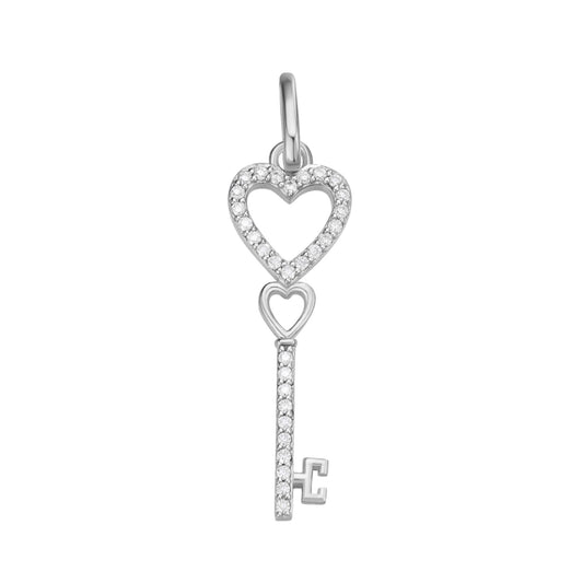 Sterling Silver Round Moissanite Double Heart Key Designer Pendant 1/6 Ctw