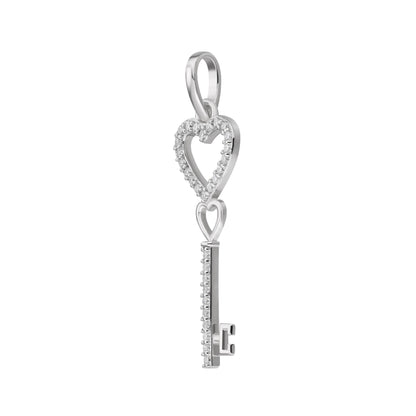 Sterling Silver Round Moissanite Double Heart Key Designer Pendant 1/6 Ctw