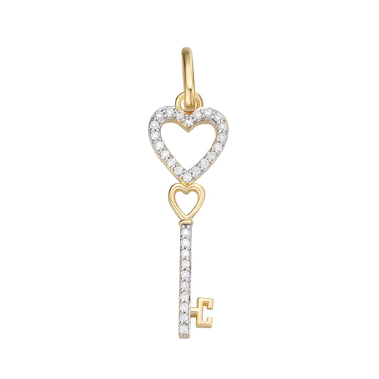 Sterling Silver Round Moissanite Double Heart Key Designer Pendant 1/6 Ctw