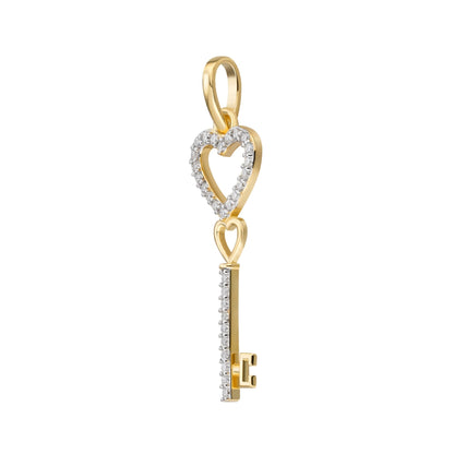 Sterling Silver Round Moissanite Double Heart Key Designer Pendant 1/6 Ctw