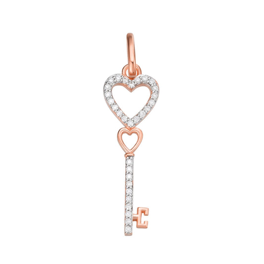 Sterling Silver Round Moissanite Double Heart Key Designer Pendant 1/6 Ctw