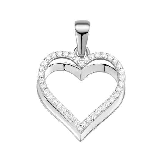Sterling Silver Round Moissanite Double Row Heart Designer Pendant 1/5 Ctw