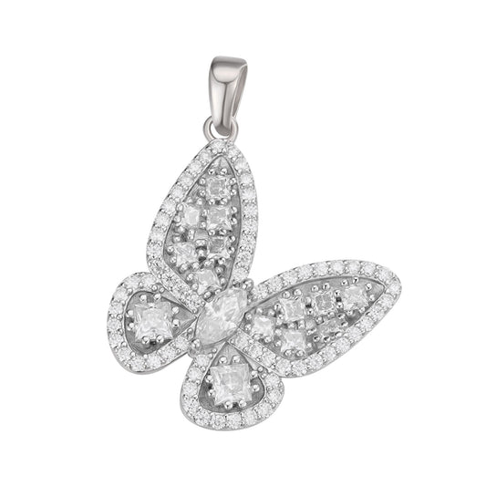 Sterling Silver Round Fancy Moissanite Butterfly Animal Pendant 2-1/8 Ctw