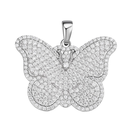 Sterling Silver Round Moissanite Butterfly Animal Pendant 1-5/8 Ctw