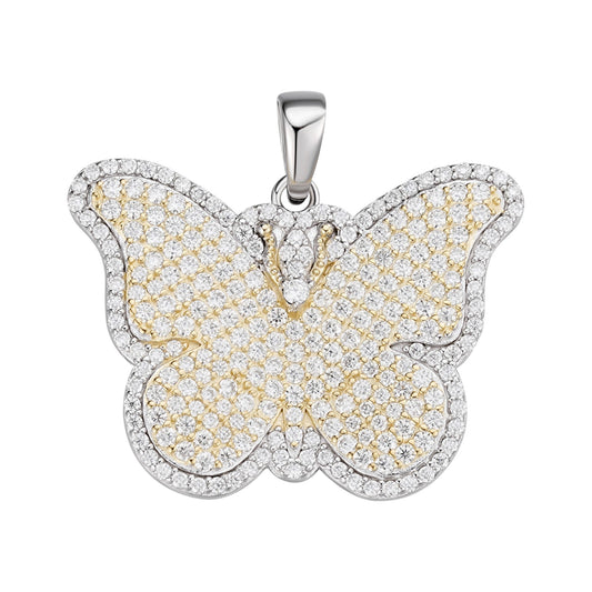 Sterling Silver Round Moissanite Butterfly Animal Pendant 1-5/8 Ctw