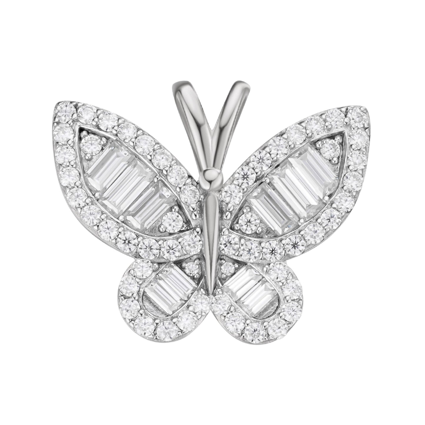 Sterling Silver Round Baguette Moissanite Butterfly Animal Pendant 1-7/8 Ctw