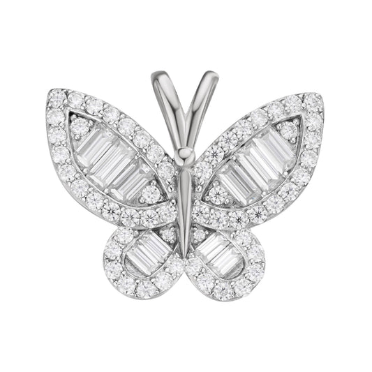 Sterling Silver Round Baguette Moissanite Butterfly Animal Pendant 1-7/8 Ctw