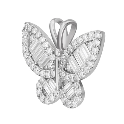 Sterling Silver Round Baguette Moissanite Butterfly Animal Pendant 1-7/8 Ctw
