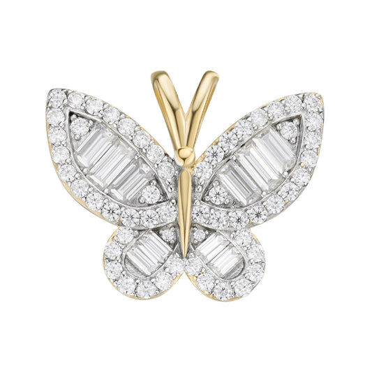 Sterling Silver Round Baguette Moissanite Butterfly Animal Pendant 1-7/8 Ctw