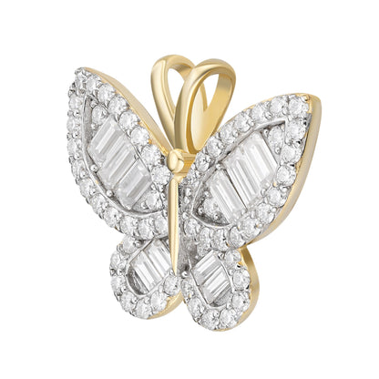 Sterling Silver Round Baguette Moissanite Butterfly Animal Pendant 1-7/8 Ctw