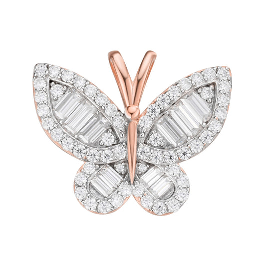 Sterling Silver Round Baguette Moissanite Butterfly Animal Pendant 1-7/8 Ctw