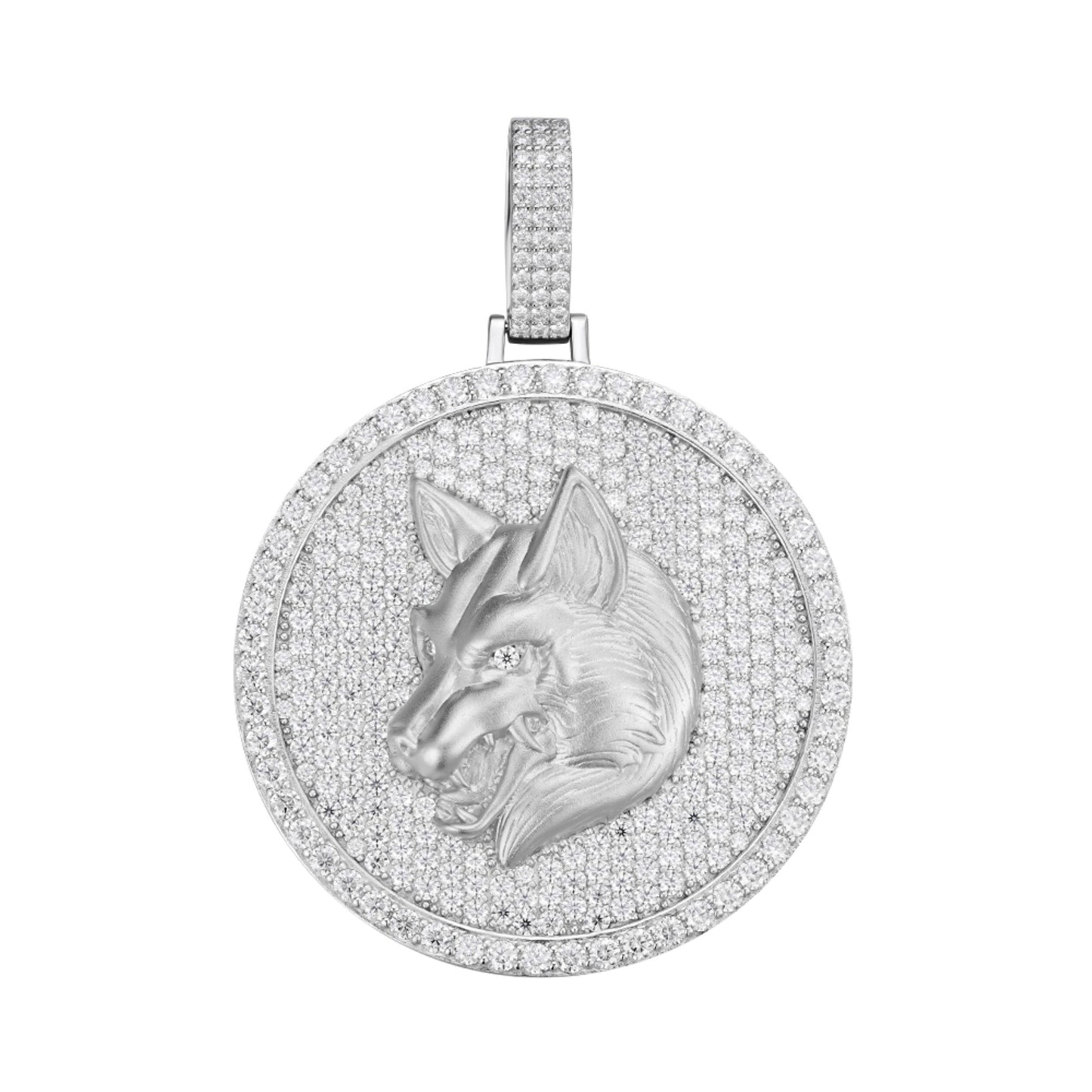 Sterling Silver Round Moissanite Wolf Animal Pendant 10-7/8 Ctw