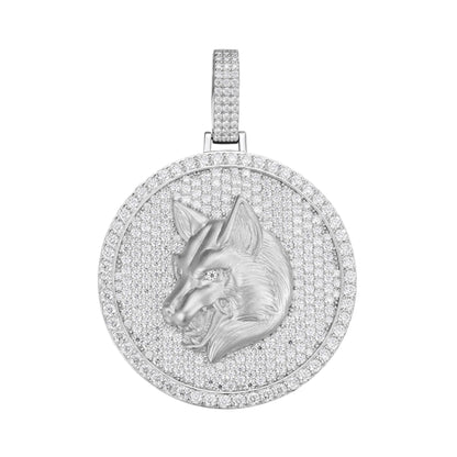Sterling Silver Round Moissanite Wolf Animal Pendant 10-7/8 Ctw