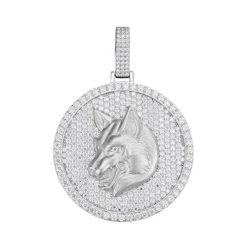 Sterling Silver Round Moissanite Wolf Animal Pendant 10-7/8 Ctw