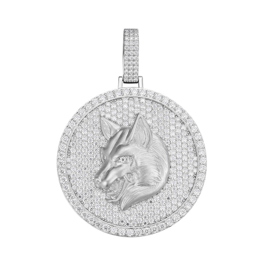Sterling Silver Round Moissanite Wolf Animal Pendant 10-7/8 Ctw