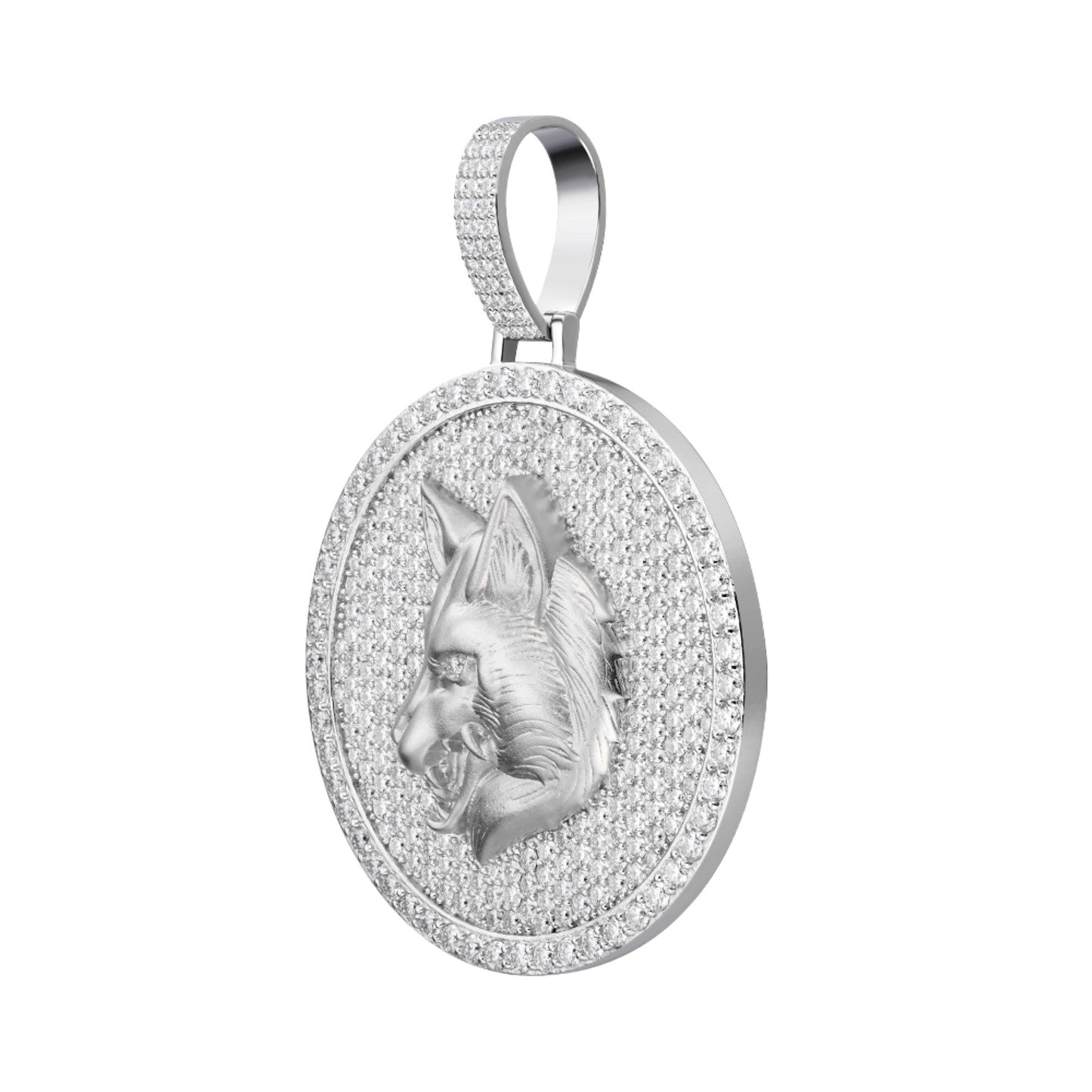 Sterling Silver Round Moissanite Wolf Animal Pendant 10-7/8 Ctw