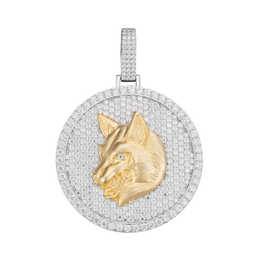 Sterling Silver Round Moissanite Wolf Animal Pendant 10-7/8 Ctw