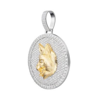Sterling Silver Round Moissanite Wolf Animal Pendant 10-7/8 Ctw