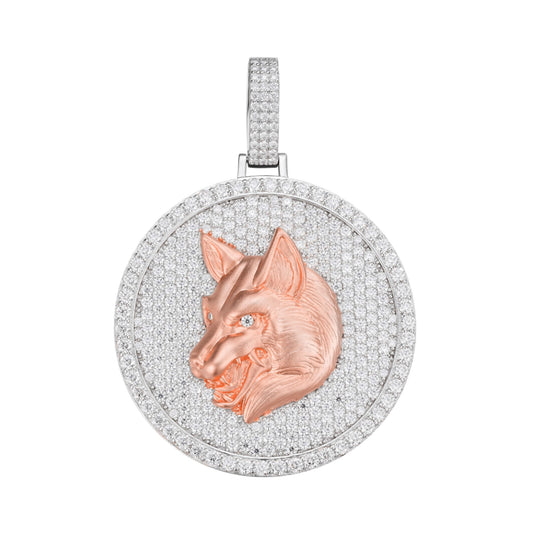 Sterling Silver Round Moissanite Wolf Animal Pendant 10-7/8 Ctw