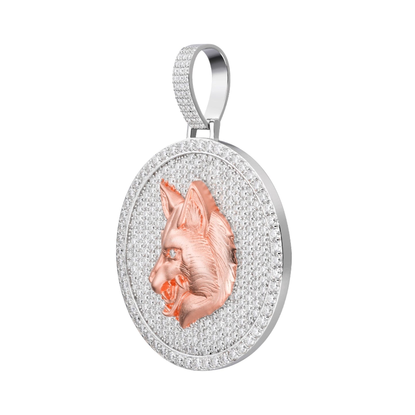 Sterling Silver Round Moissanite Wolf Animal Pendant 10-7/8 Ctw