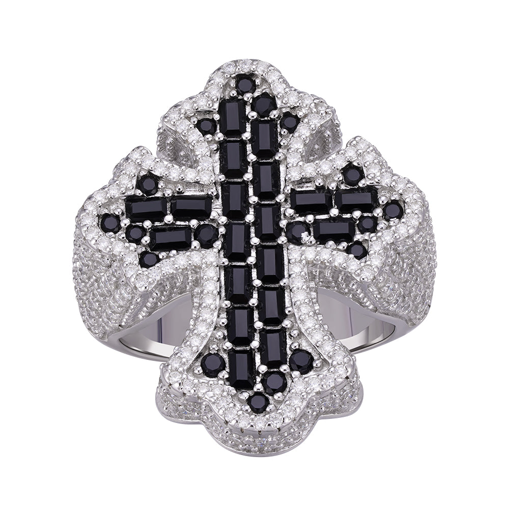 Sterling Silver Round Moissanite With Black CZ Men Cross Religious Size 10 Ring 2-5/8 Ctw