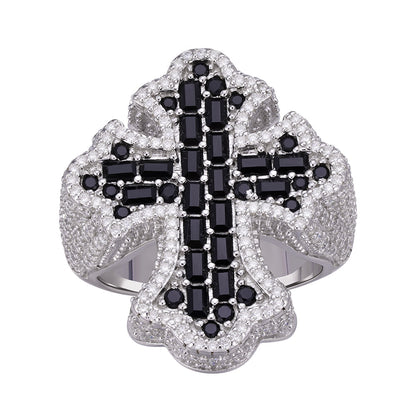 Sterling Silver Round Moissanite With Black CZ Men Cross Religious Size 10 Ring 2-5/8 Ctw