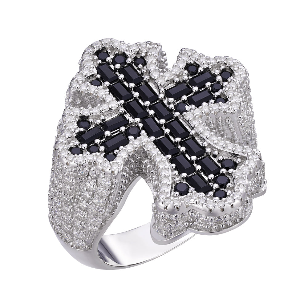 Sterling Silver Round Moissanite With Black CZ Men Cross Religious Size 10 Ring 2-5/8 Ctw