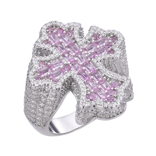 Sterling Silver Round Moissanite With Rose CZ Men Cross Religious Size 10 Ring 2-5/8 Ctw